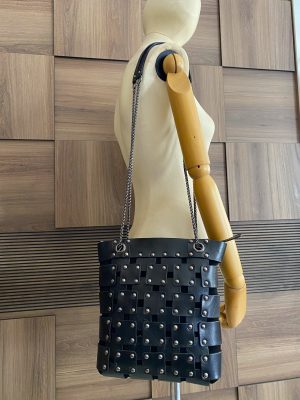 Black Genuine Leather, Handmade Chain Shoulder Bag3