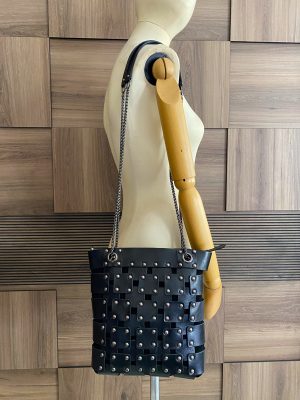 Black Genuine Leather, Handmade Chain Shoulder Bag4