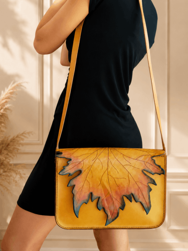 Brown Handmade Leather Shoulder Bag with Leaf Detail