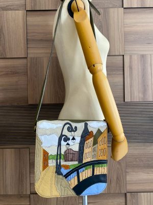 Green Painting Patterned Genuine Leather, Handmade, Shoulder Bag