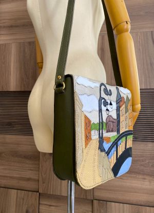 Green Painting Patterned Genuine Leather, Handmade, Shoulder Bag4