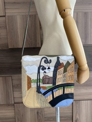 Green Painting Patterned Genuine Leather, Handmade, Shoulder Bag6