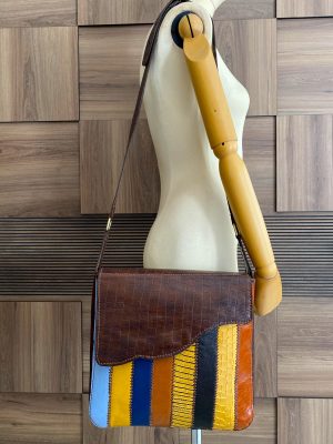 Multi Colored Brown, Genuine Leather, Handmade, Patchwork Shoulder Bag