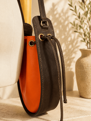 Orange and brown round handmade genuine leather shoulder bag with strap detail