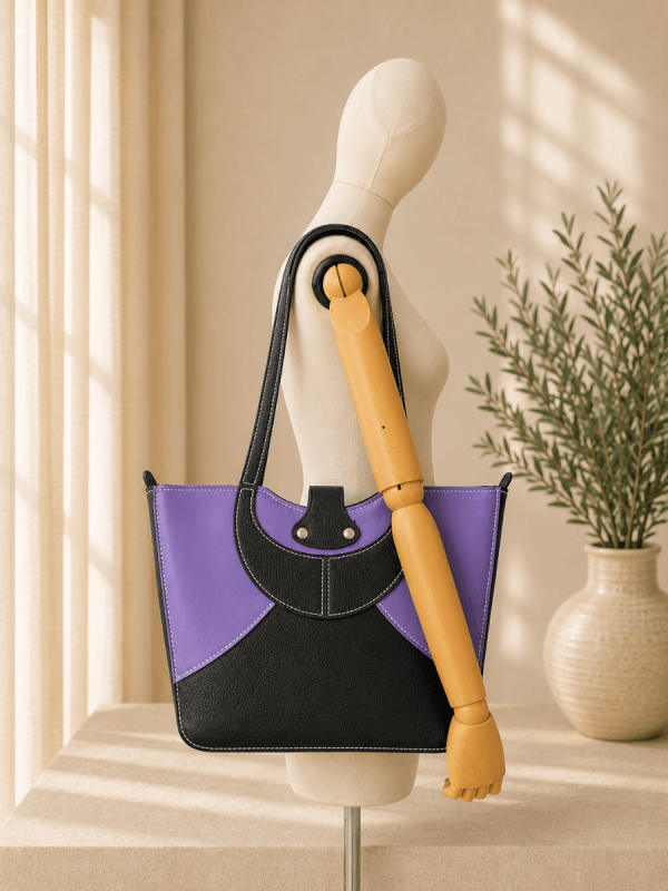 Purple and black handmade genuine leather shoulder bag for women with artisan design