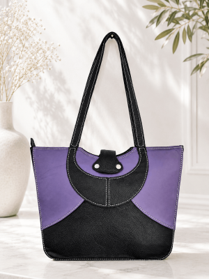 Purple and black handmade genuine leather shoulder bag for women with artisan design