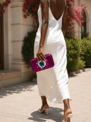 Black female model wearing a white satin dress with a fuchsia hand-embroidered genuine leather clutch bag by NUA Bags.