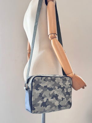 Handmade camouflage genuine leather shoulder bag with adjustable strap and compact rectangular silhouette