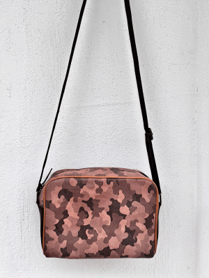 Handmade brown camouflage genuine leather shoulder bag with adjustable strap and minimalist design