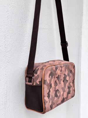 Handmade brown camouflage genuine leather shoulder bag with adjustable strap and minimalist design