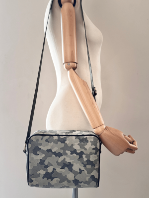 Handmade camouflage genuine leather shoulder bag with adjustable strap and compact rectangular silhouette