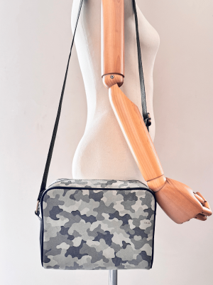 Handmade camouflage genuine leather shoulder bag with adjustable strap and compact rectangular silhouette