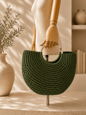 Green handmade crochet handbag with bone handle artisan boho design