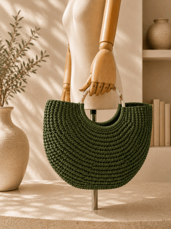 Green handmade crochet handbag with bone handle artisan boho design