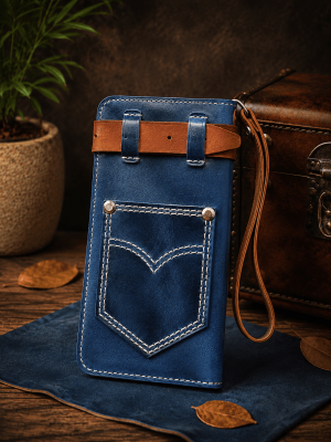 Handmade genuine leather long wallet in navy blue with card slots, zipper pocket and wrist strap.