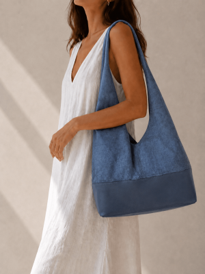 Blue Suede Leather Shoulder Bag for Women – Handmade Minimal Design