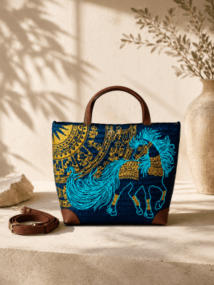 Woman carrying hand painted horse straw tote bag with leather handles and turquoise horse artwork