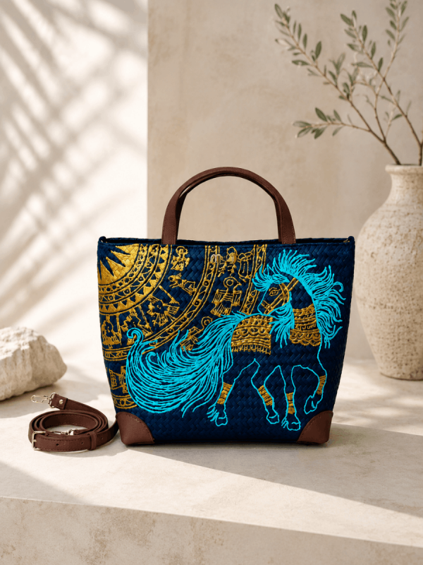 Woman carrying hand painted horse straw tote bag with leather handles and turquoise horse artwork
