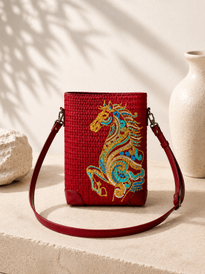 Handmade red Lepironia woven crossbody bag with embroidered horse design for women