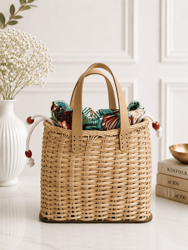 Handmade rattan tote bag for women with woven design and leather handles