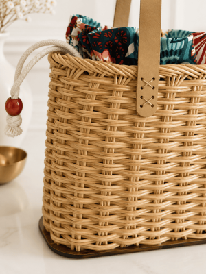Handmade rattan tote bag for women with woven design and leather handles