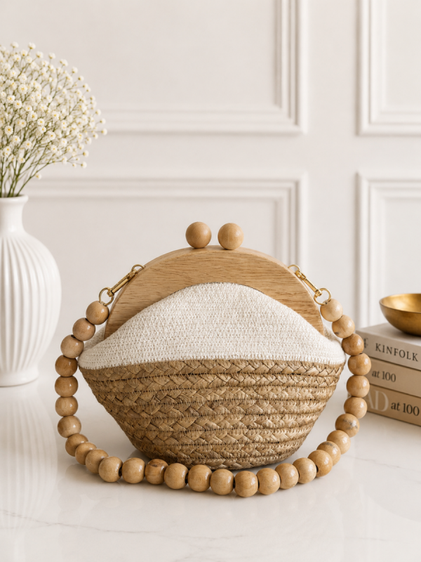 Handmade straw clutch bag with wooden frame and beaded handle in natural beige color