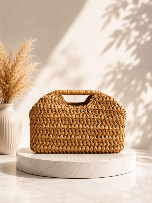Interior view of handmade straw handbag with removable organizer pouch, beige woven tote bag for women