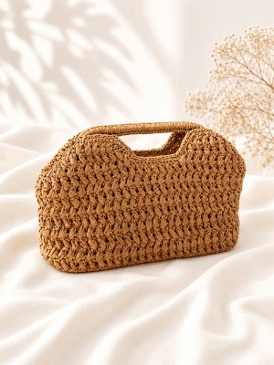 Interior view of handmade straw handbag with removable organizer pouch, beige woven tote bag for women