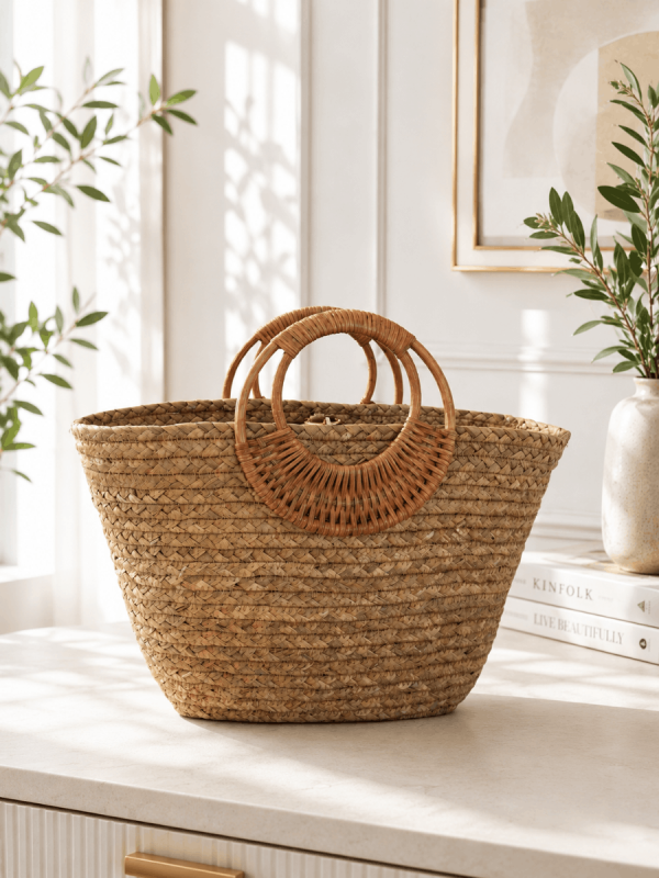Round Handle Straw Handbag Handmade Natural Summer Beach Tote Bag for Women1