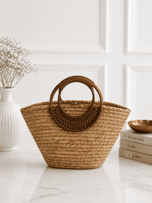 Handmade Natural Straw Handbag with Round Handles – Women's Summer Beach Tote Bag