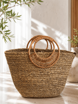 Round Handle Straw Handbag Handmade Natural Summer Beach Tote Bag for Women2