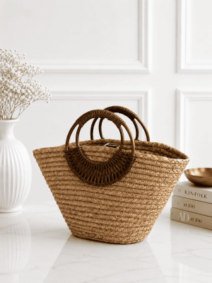Round Handle Straw Handbag Handmade Natural Summer Beach Tote Bag for Women2