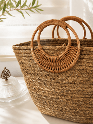 Round Handle Straw Handbag Handmade Natural Summer Beach Tote Bag for Women3