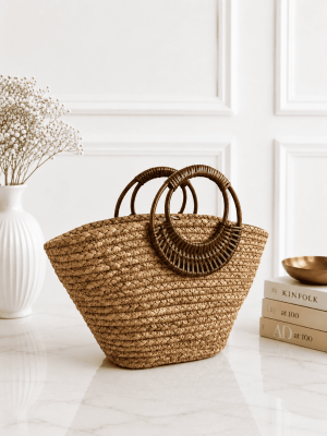 Round Handle Straw Handbag Handmade Natural Summer Beach Tote Bag for Women3